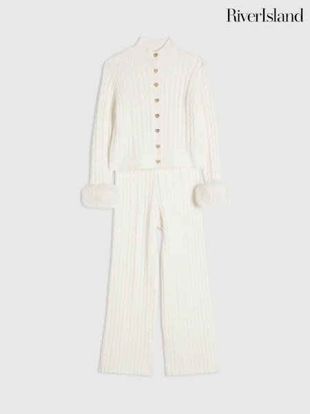 Crème - River Island Cardigan à câble en fausse fourrure et poignets Ensemble pantalon