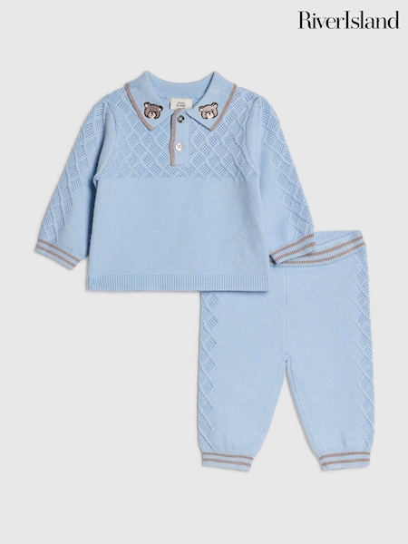 Blue - River Island Knitted Polo Top & Leggings Set