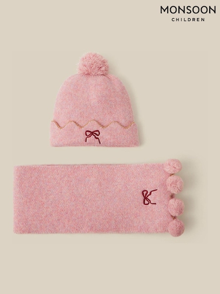 Pink - Monsoon Embroidered Bow Bobble Hat & Scarf Set