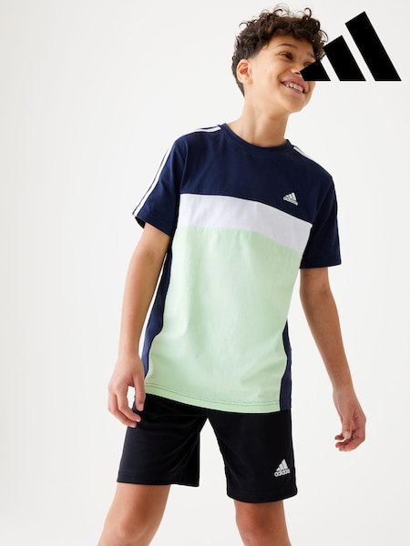 adidas Navy/Green Kids Sportswear Tiberio 3-Stripes Colourblock 100% Cotton T-Shirt (764716) | €12