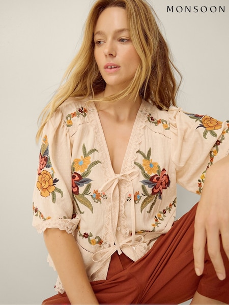 Cream - Monsoon Yvette Embroidered Lace Tie Top