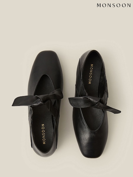 Black - Monsoon Rena Bow Strap Leather Ballet Flats