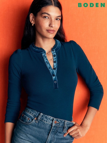 Albastru - Boden Velvet Ruffle Trim Henley Top