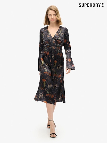 Superdry Alpine Lake Black Flare Sleeve Jacquard Midi Dress (768220) | €159