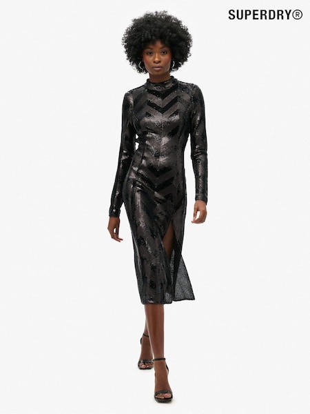Superdry Black Deco Sequin Chevron Open Back Midi Dress (768486) | 433 QAR