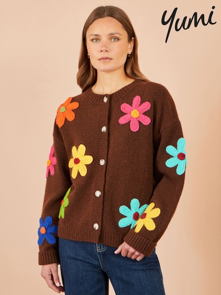 Brown - Yumi Knitted Flower Appliqué Cardigan