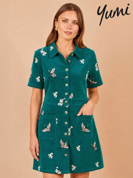 Blue - Yumi Crane Embroidered Shirt Dress