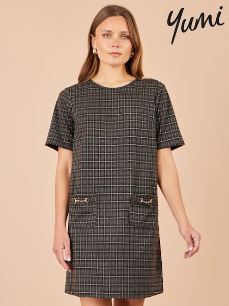 Brown - Yumi Check Tunic Dress With Buckles