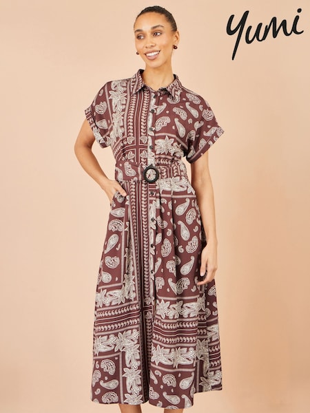 Brown - Yumi Button Up Belted Shirt Midi Dress