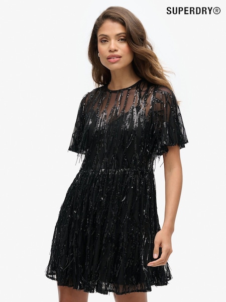 Superdry Tassle Black Sequin Volume Tiered Mesh Mini Dress (769005) | €167