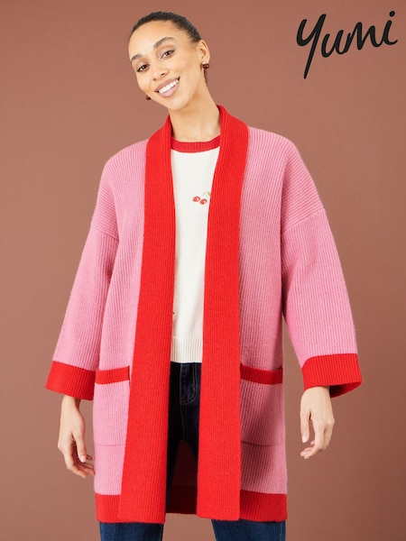 Pink - Yumi Contrast Knitted Cardigan