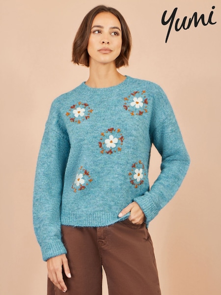 Azul - Suéter holgado con bordado de parche floral de Yumi