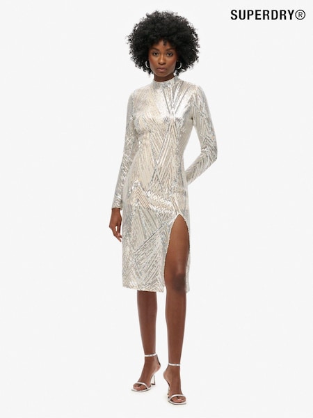 Superdry Silver Sequin Open Back Long Sleeve Midi Dress (769069) | 272 QAR