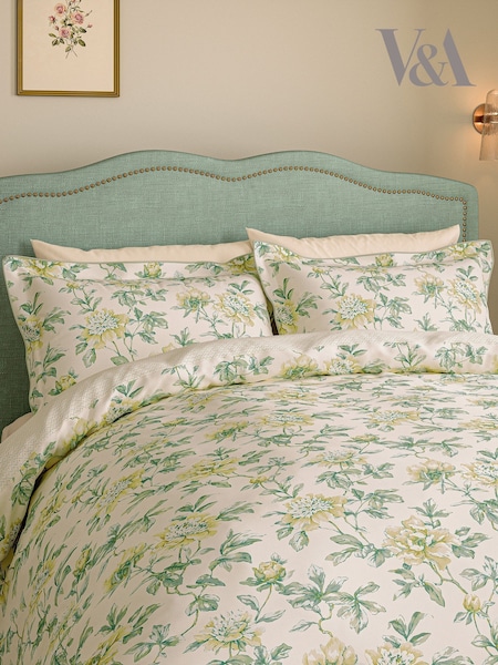 V&a Peony Blossom Floral 180 Thread Count 100 Cotton Percale Duvet Cover And Pillowcase Set