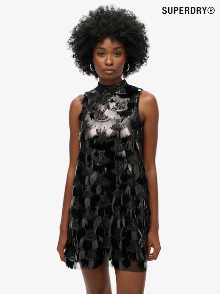 Superdry Black Sequin A-Line Fringe Sequin Dress (769214) | €152