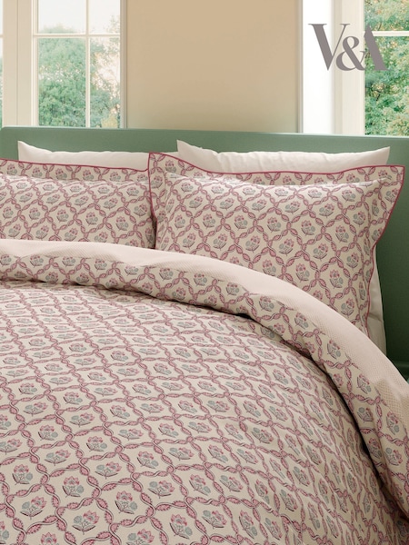 V&a Ribbon Lattice Floral 180 Thread Count Percale Duvet Cover And Pillowcase Set