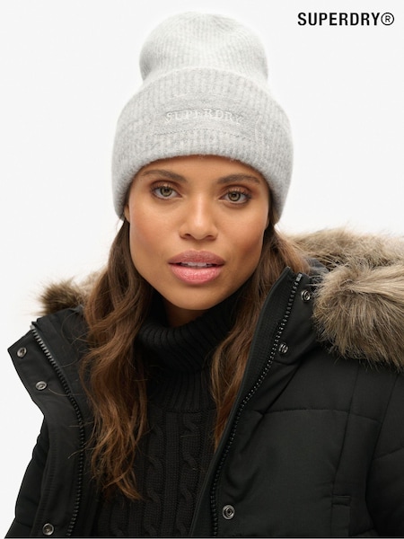 Superdry Chalk Grey Marl Soft Rib Knit Winter Beanie 100% Cotton Hat (769300) | €15