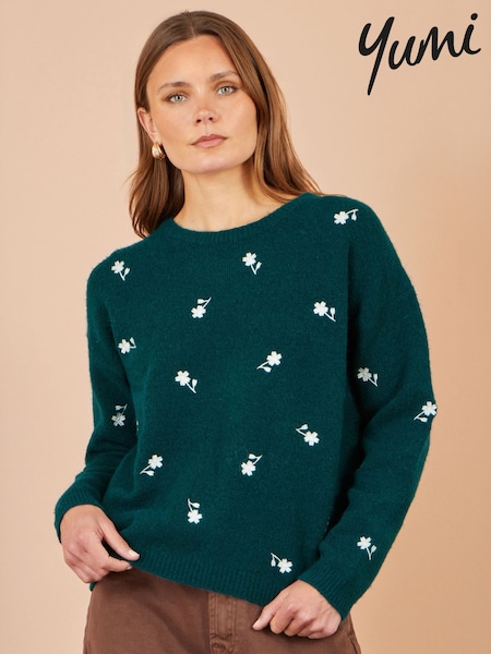 Green - Yumi Daisy Embroidered Relaxed Jumper