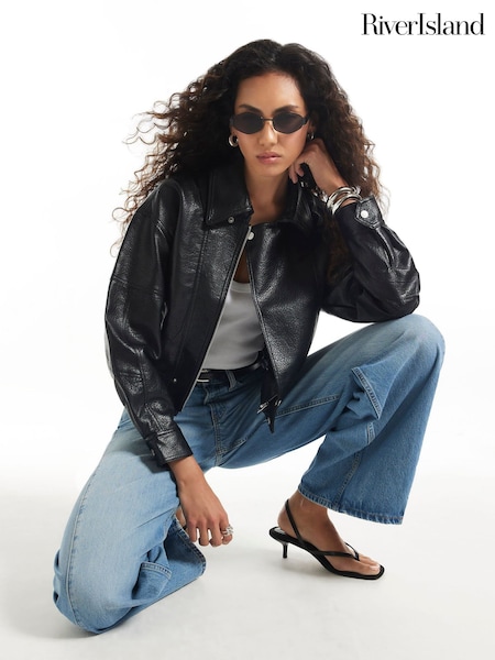 Negro - River Island Faux Leather Zip Through Jacket