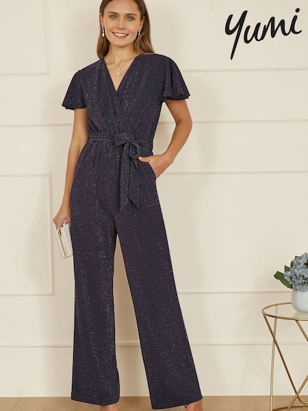 Blue - Yumi Sparkle Stretch Wrap Over Jumpsuit