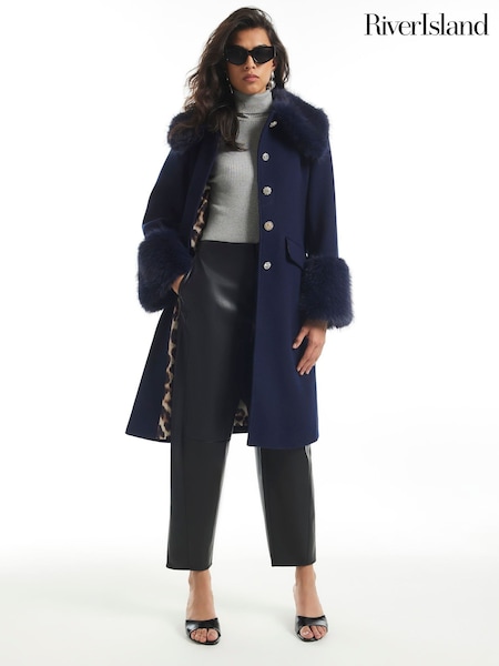 Azul - Abrigo con ribete de piel sintética de River Island
