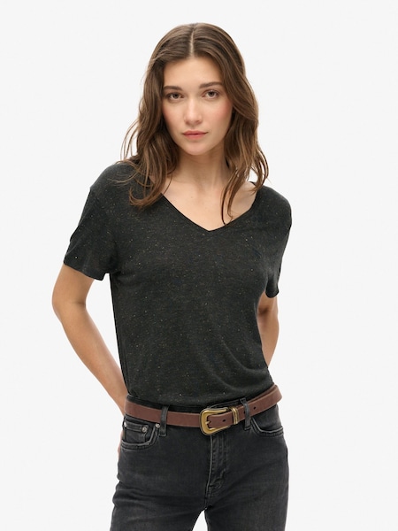 Superdry Black Metallic Studios Slub Embroidered V-Neck Relaxed T-Shirt (771294) | kr358