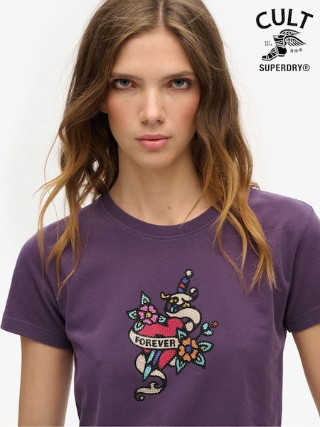 Superdry Soot Purple Small 100% Cotton Tattoo Rhinestone Fitted T-Shirt (771714) | AZN 75