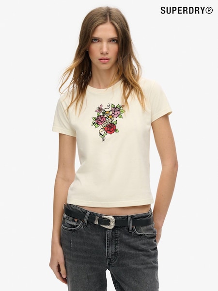 Superdry Rice White Small 100% Cotton Tattoo Rhinestone Fitted T-Shirt (772278) | €37