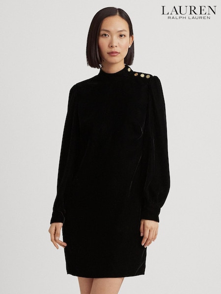 Lauren Ralph Lauren Natural Button Trim Velvet Mockneck Dress (772296) | €185