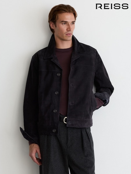 أزرق داكن - Regular Reiss Taylore Suede Revere-collar Jacket