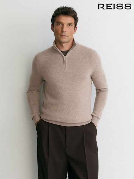 Taupe Melange - Regular Reiss Royal 100% Cashmere Half-zip Jumper