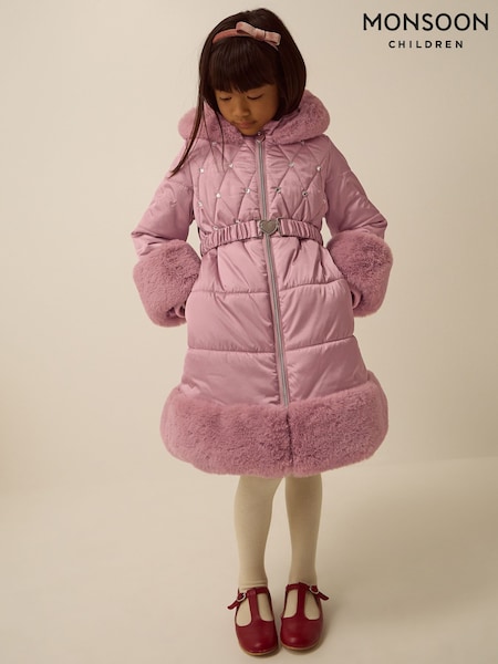 Pink - Monsoon Jewel Heart Quilted Puffer Coat