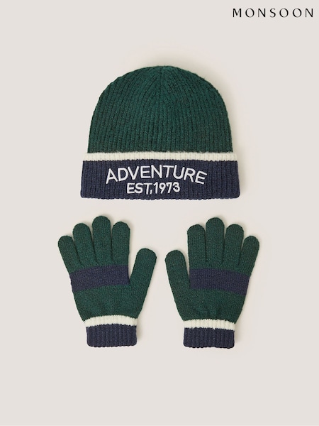 Green - Monsoon Colourblock Beanie Hat & Gloves Set