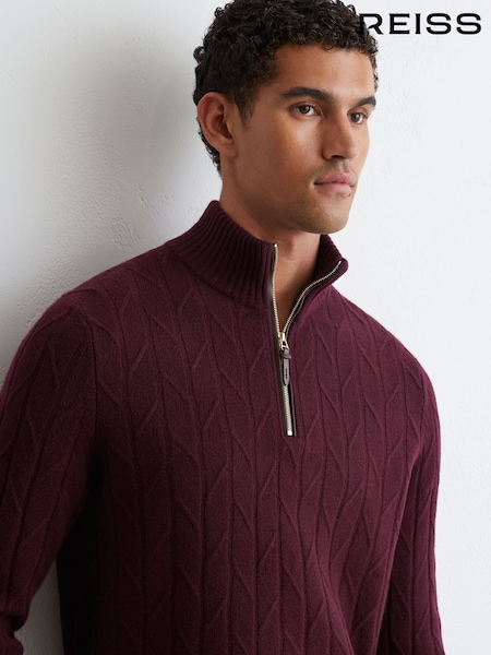 Bordeaux - Regular Reiss Douglas Wool Stitch-detail Half-zip Jumper