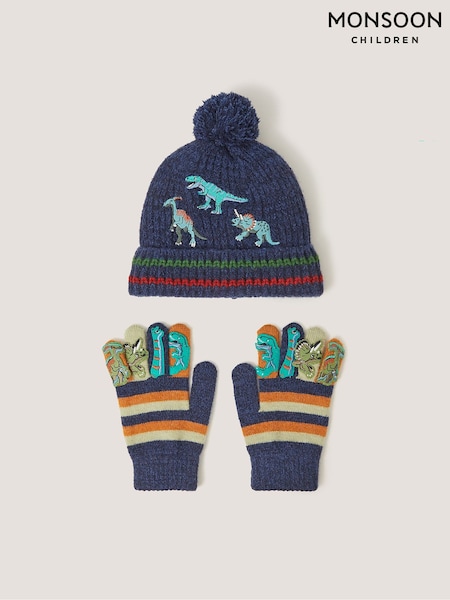 Blue - Monsoon Dinosaur Hat & Gloves Set