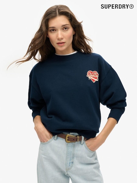 Superdry Richest Navy Off White 100% Cotton Workwear Embroider Loose Crew Sweatshirt (774387) | R$ 545