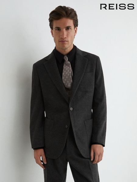 V barvi oglja - Tailored Fit Reiss Collin Wool-blend Flannel Single-breasted Suit Blazer