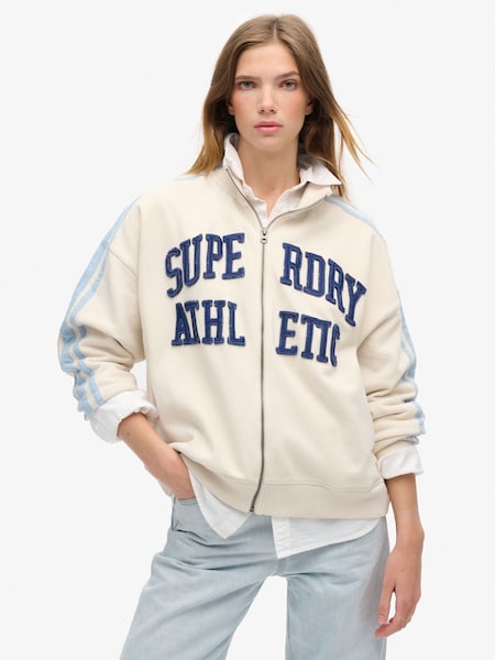 Superdry Turtledove Cream 100% Cotton Athletic Applique Loose Zip Track Jacket (774756) | €99