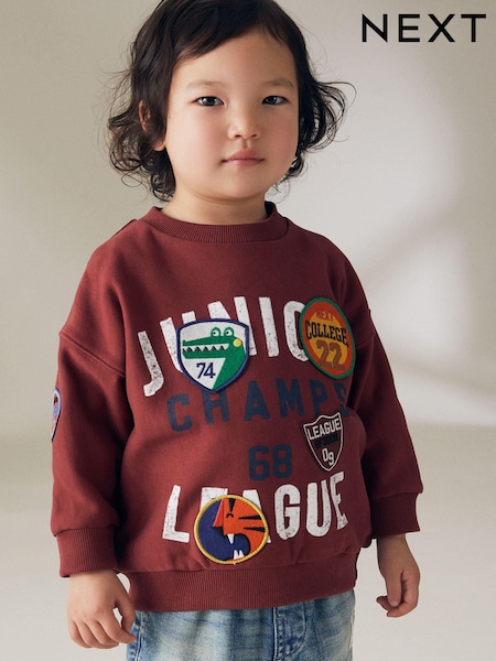 Burgundy Red Varsity Badged Crew Neck 100% Cotton Sweatshirt (3mths-7yrs) (774862) | AED42 - AED49