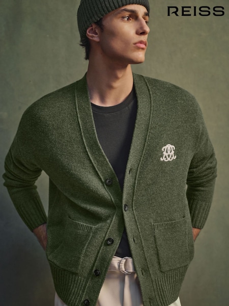 Dark Green - Regular Reiss Norris Monogram Embroidered Relaxed Wool Cardigan