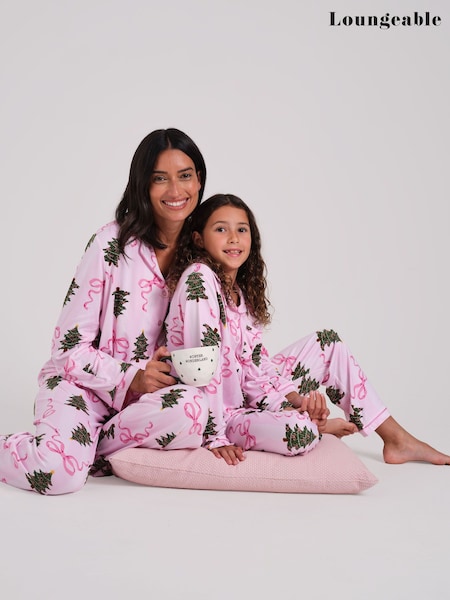 Rose - Loungeable Christmas Bow Stripe Super Soft Long Sleeve Button Through Pyjamas Set