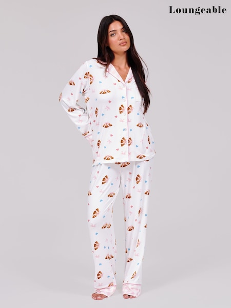 White - Loungeable Croissant Bow Super Soft Long Sleeve Button Through Pyjamas Set