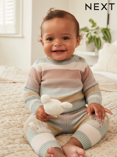 Tan/Blue Tiger Stripe Baby Knitted Jumper & Leggings 2 Piece Set (0mths-2yrs) (775991) | €21 - €23