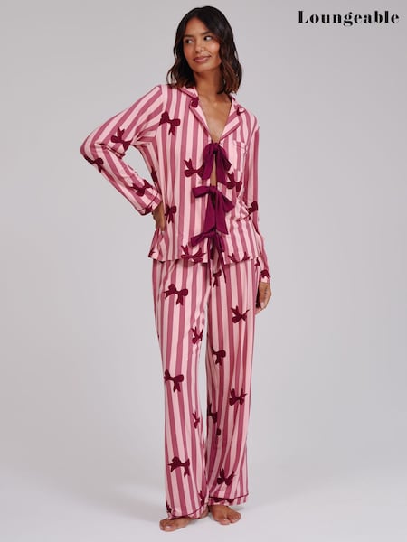 Pink - Loungeable Bow Striped Super Soft Tie Front Long Sleeved Pyjamas Set
