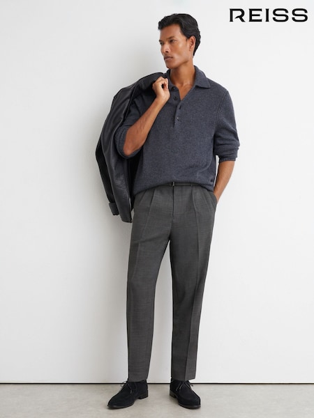 رمادي ناعم - Tailored Fit Reiss Strap Wool-blend Belted Pleated Trousers
