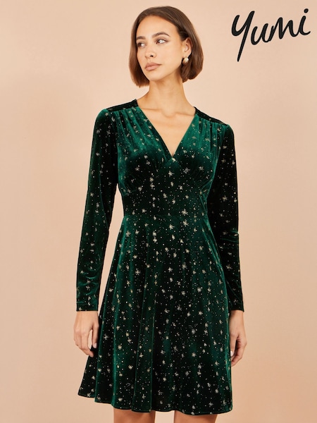 Սև - Yumi Velvet Skater Dress With Foil Star Print