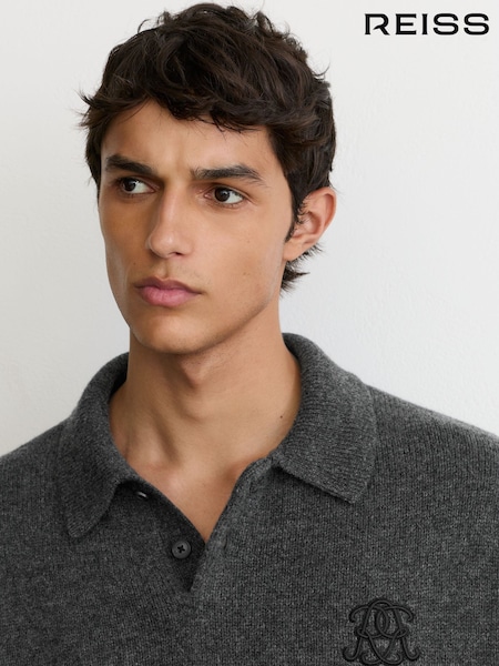 Charcoal Grey - Regular Reiss Seth Monogram Wool Relaxed-fit Polo Jumper
