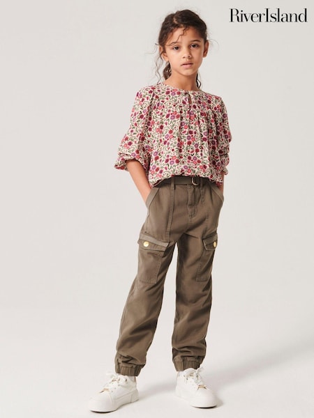 River Island Girls Herringbone Belted Cargo 100% Cotton Trousers (777190) | ‏11 ر.ع.‏