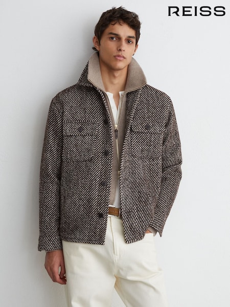 Dark Brown - Regular Reiss Clifton Wool-blend Brushed Twill Overshirt