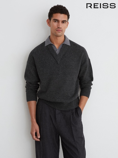 Charcoal Grey - Regular Reiss Corey Wool V-neck Contrast-collar Jumper